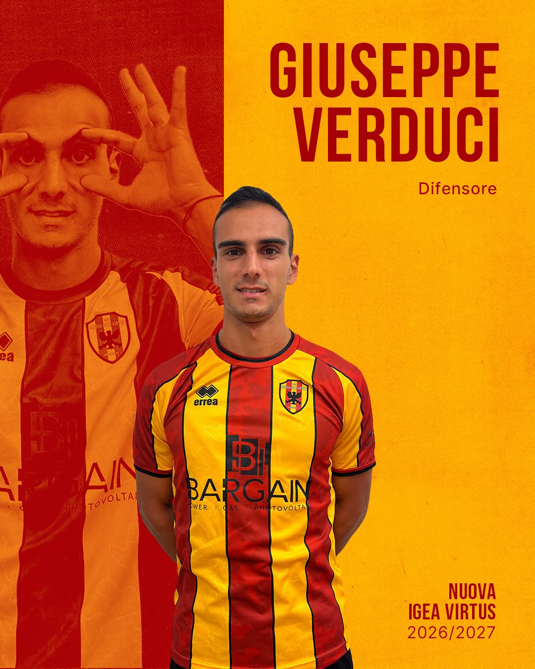 Grafica ufficiale nominativa di Giuseppe Verduci con la maglia giallorossa e la stagione 2026/27.